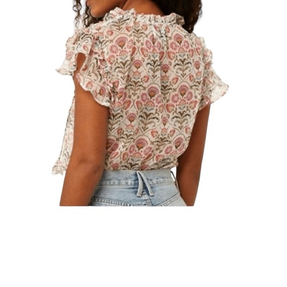 MISA Basia Sheer Chiffon Blockprint Flutter Sleeve Tassel Tie Split Neck Top - Picture 2 of 7